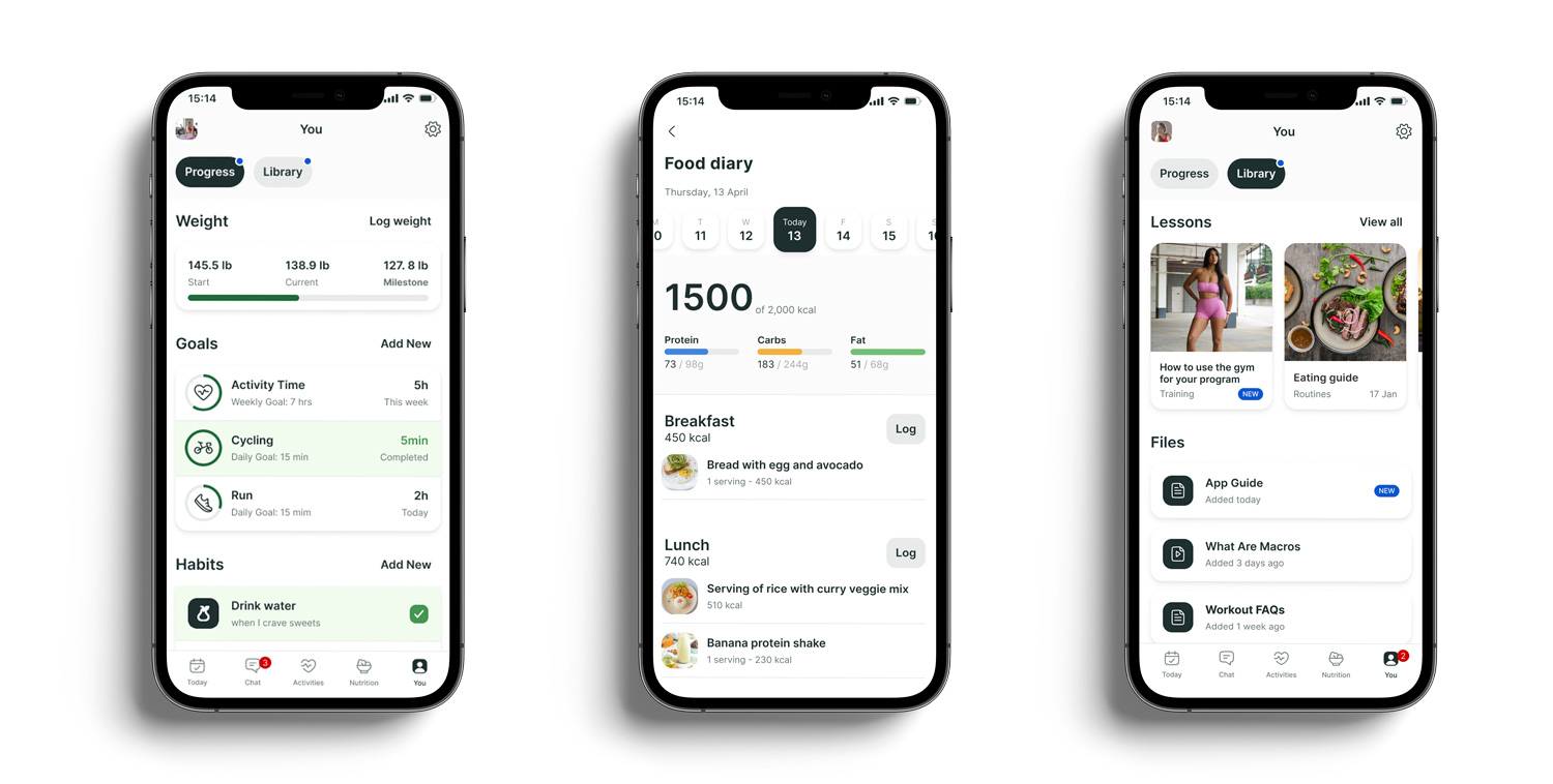 A mockup of the coaching app showcasing the different features.